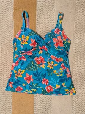 Lands End Aqua Teal Blue Tropical Floral Print Tankini Swimsuit Swim Tank 14